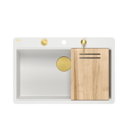 QUADRON | MARC 110 FM PRODUKT NA ZAMÓWIENIE | granitowy zlewozmywak kuchenny BIAŁY + ZŁOTO PVD | wymiary: 75 x 49 x 24 cm | akcesoria: syfon, dozownik