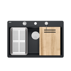 QUADRON | MARC 110 FM PRODUKT NA ZAMÓWIENIE | granitowy zlewozmywak kuchenny CZARNY mat + STAL | wymiary: 75 x 49 x 24 cm | akcesoria: syfon, dozownik