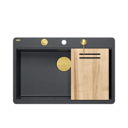 QUADRON | MARC 110 FM PRODUKT NA ZAMÓWIENIE | granitowy zlewozmywak kuchenny CZARNY + ZŁOTO PVD | wymiary: 75 x 49 x 24 cm | akcesoria: syfon, dozowni