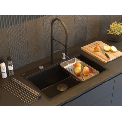 QUADRON | MARC 110 FM PRODUKT NA ZAMÓWIENIE | granitowy zlewozmywak kuchenny SZAROBEŻOWY + MIEDŹ PVD | wymiary: 75 x 49 x 24 cm | akcesoria: syfon, do