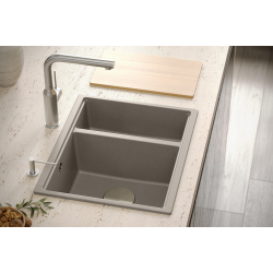 QUADRON | LOGAN 150 | granitowy zlewozmywak kuchenny BIAŁY + MIEDŹ PVD | wymiary: 55,5 x 46 x 22 cm | 1,5-komorowy podwieszany | podbudowa szafki od: