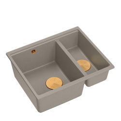 QUADRON | LOGAN 150 | granitowy zlewozmywak kuchenny SOFT TAUPE + MIEDŹ PVD | wymiary: 55,5 x 46 x 22 cm | 1,5-komorowy wpuszczany | podbudowa szafki