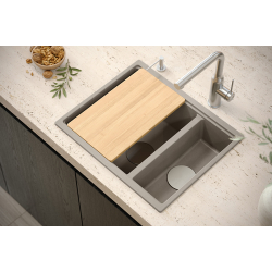 QUADRON | LOGAN 150 | granitowy zlewozmywak kuchenny SOFT TAUPE + MIEDŹ PVD | wymiary: 55,5 x 46 x 22 cm | 1,5-komorowy wpuszczany | podbudowa szafki