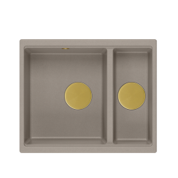 QUADRON | LOGAN 150 | granitowy zlewozmywak kuchenny SOFT TAUPE + ZŁOTO PVD | wymiary: 55,5 x 46 x 22 cm | 1,5-komorowy wpuszczany | podbudowa szafki