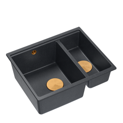 QUADRON | LOGAN 150 | granitowy zlewozmywak kuchenny CZARNY + MIEDŹ PVD | wymiary: 55,5 x 46 x 22 cm | 1,5-komorowy wpuszczany | podbudowa szafki od:
