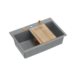 Zlewozmywak granitowy MARC 1-komorowy 76x50 cm szary/silver stone + Nano MIEDŹ PVD