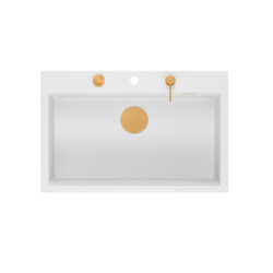 Zlewozmywak granitowy MARC 1-komorowy 76x50 cm biały/snow white + Nano MIEDŹ PVD