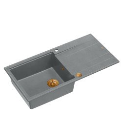 EVAN 146 XL GraniteQ zlewozmywak z syfonem Push 2 Open 1-komorowy z/o (1000x500x210; kom. 420x480) silver stone / elementy miedziane