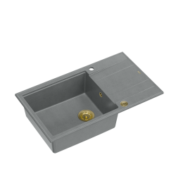 EVAN 136 XL GraniteQ zlewozmywak z syfonem Push To Open 1-komorowy z/o (860x500x210; kom. 420x490) silver stone / elementy złote