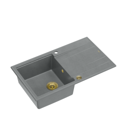 EVAN 111 GraniteQ zlewozmywak z syfonem Push 2 Open 1-komorowy z/o (860x500x210) silver stone / elementy złote