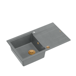 EVAN 111 GraniteQ zlewozmywak z syfonem Push 2 Open 1-komorowy z/o (860x500x210) silver stone / elementy miedziane