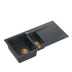 EVAN 156 GraniteQ zlewozmywak z syfonem Push To Open 2-komorowy z/o (1000x500x210; kom. 420x480) black diamond / elementy miedziane