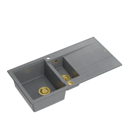 EVAN 156 GraniteQ zlewozmywak z syfonem Push To Open 2-komorowy z/o (1000x500x210; kom. 420x480) silver stone / elementy złote