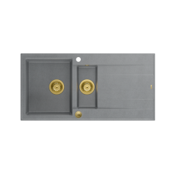EVAN 156 GraniteQ zlewozmywak z syfonem Push To Open 2-komorowy z/o (1000x500x210; kom. 420x480) silver stone / elementy złote