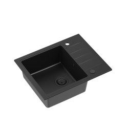 PETER 116 GraniteQ zlewozmywak granitowy pure carbon 1-komorowy z/o (62x50x20) z syfonem pure carbon i zaślepką kol. czarny