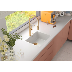 QUADRON | MORGAN 110 FM PRODUKT NA ZAMÓWIENIE | granitowy zlewozmywak kuchenny CZARNY + MIEDŹ PVD | wymiary: 56,5 x 49,5 x 21,6 cm | 1-komorowy na rów