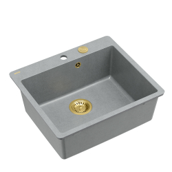 QUADRON | MORGAN 110 FM PRODUKT NA ZAMÓWIENIE | granitowy zlewozmywak kuchenny SZARY + ZŁOTO PVD | wymiary: 56,5 x 49,5 x 21,6 cm | 1-komorowy na równ