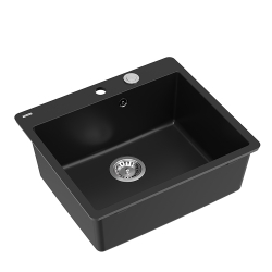 QUADRON | MORGAN 110 FM PRODUKT NA ZAMÓWIENIE | granitowy zlewozmywak kuchenny CZARNY mat + STAL | wymiary: 56,5 x 49,5 x 21,6 cm | 1-komorowy na równ