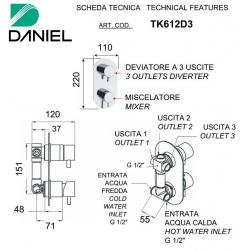 Bateria podtynkowa 3-drożna TOKYO Chrom Daniel Rubinetterie TX612D3CR