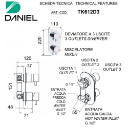 Bateria podtynkowa 3-drożna TOKYO Złoto szczotkowane Daniel Rubinetterie TX612D3.DP