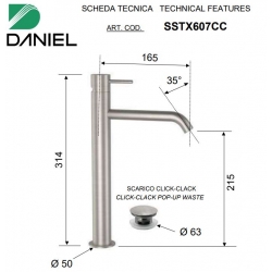 Bateria umywalkowa Korek Click Clack TOKYO STEEL Inox Daniel Rubinetterie SSTX607CC