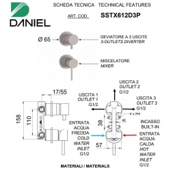 Bateria podtynkowa 3-drożna TOKYO STEEL Inox Daniel Rubinetterie SSTX612D3
